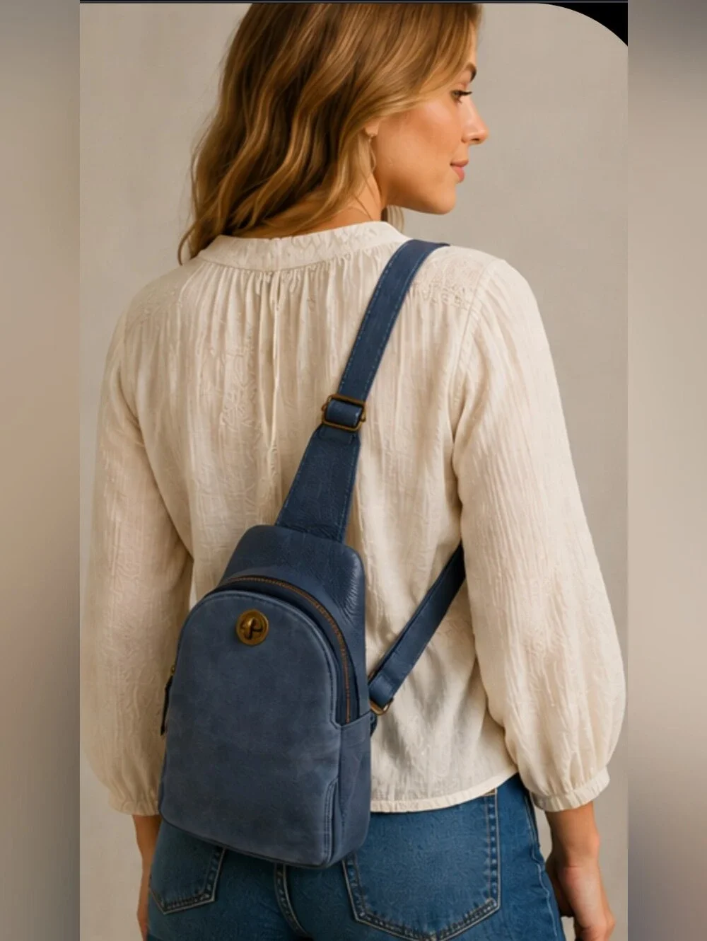 Sundance Made in Italy Blue Suede Pebbled Leather Sling Crossbody Shoulder Bag